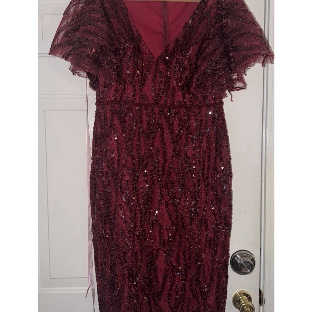 Mac Duggal Red Sequin Cocktail Midi Dress. Size 10 Fringe Sleeves V-Neck. NWT - Picture 3 of 14